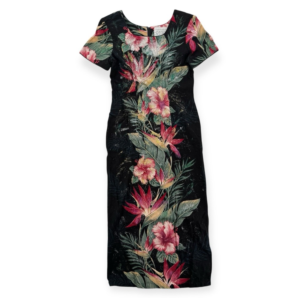 Vintage Young Hawaii Liberty House Dress Womens Petite Floral‎ Glitter Midi USA